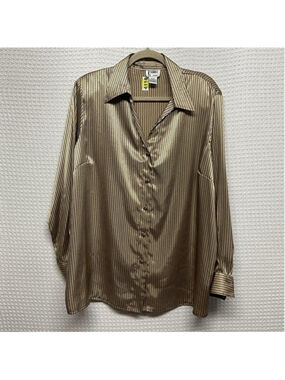 Vintage K Arnold Liquid Gold/Black Stripes Button Up Shirt Blouse Women 18/20